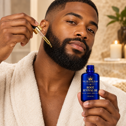 Black male model applying Fit for a King Beard Oil