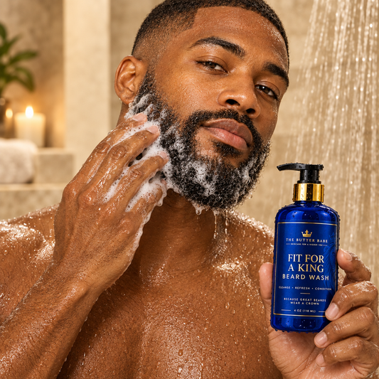 Black male model using Fit for a King Beard Wash